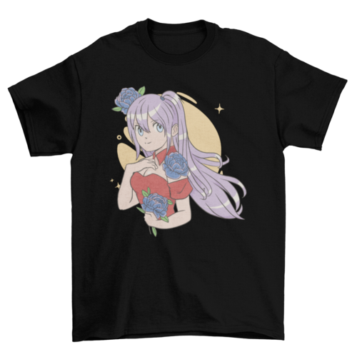 Floral anime girl with pretty flowers t-shirt
