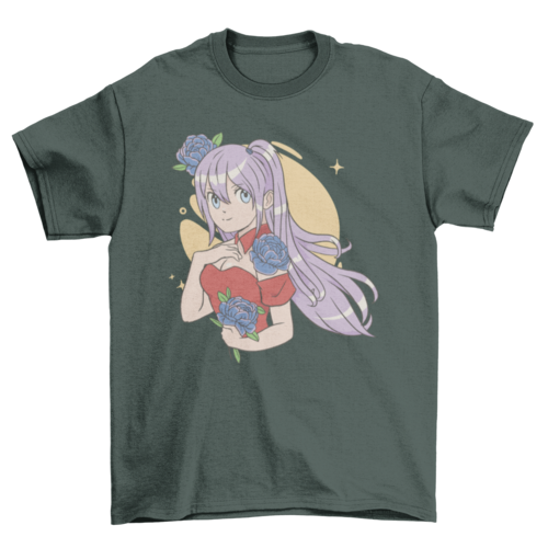 Floral anime girl with pretty flowers t-shirt